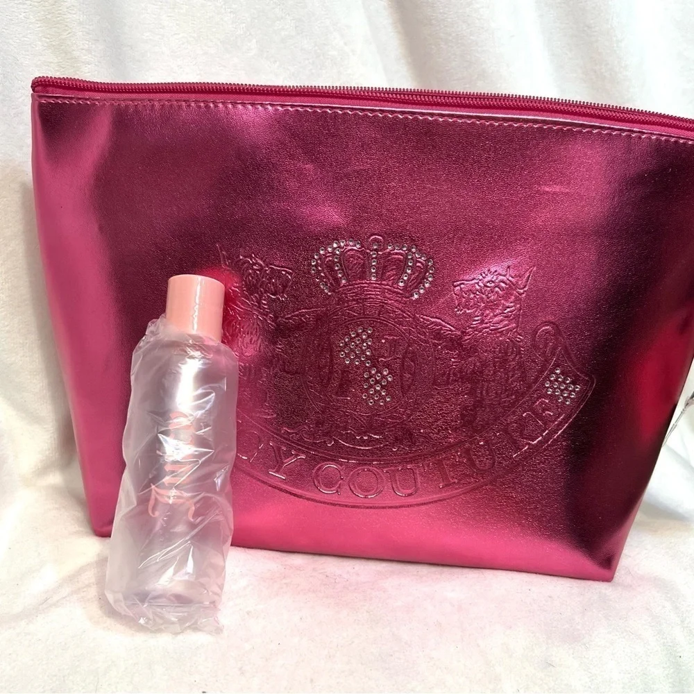 👑 🩷Juicy Couture  Pink Metallic Cosmetic Bag AND EMPTY TOILETRY BOTTLE 🩷NWT